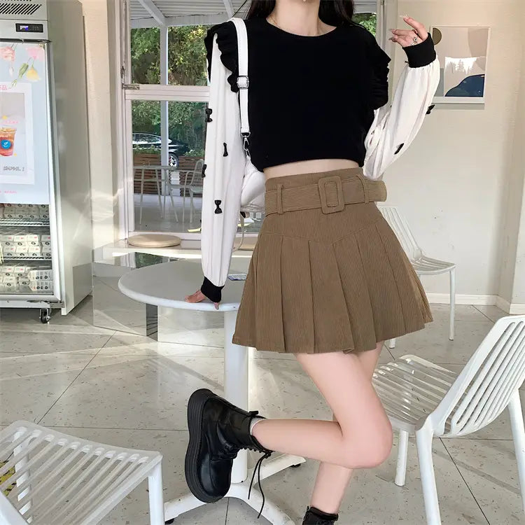 brown corduroy half skirt pleated mini with matching belt and rectangular buckle