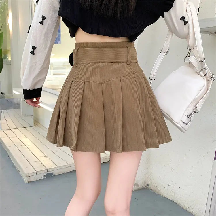 tan corduroy half skirt pleated mini with a matching brown belted corduroy half skirt pleated design
