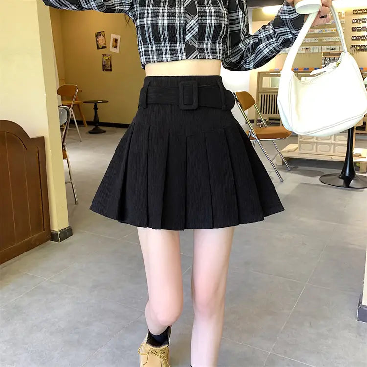 black pleated skirt pleated skirt with ribbed texture and wide brown belt featuring a rectangular buckle corduroy half skirt pleated mini.