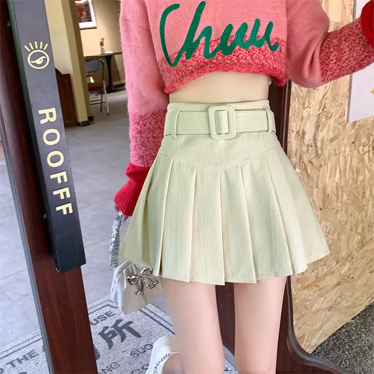 mint green corduroy half skirt pleated mini with matching belt and buckle in brown belted corduroy skirt pleated style