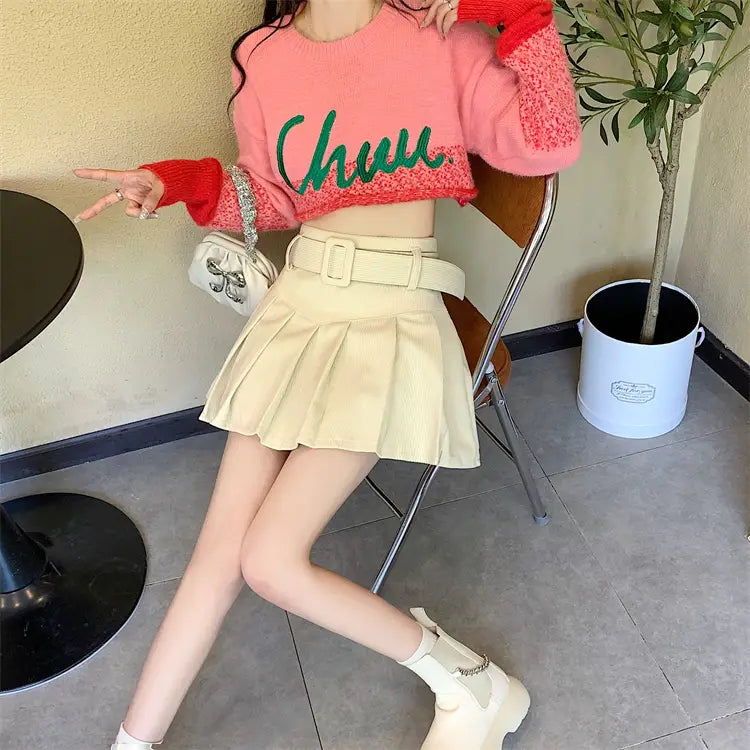 cream-colored corduroy half skirt pleated mini with a matching brown belted buckle design