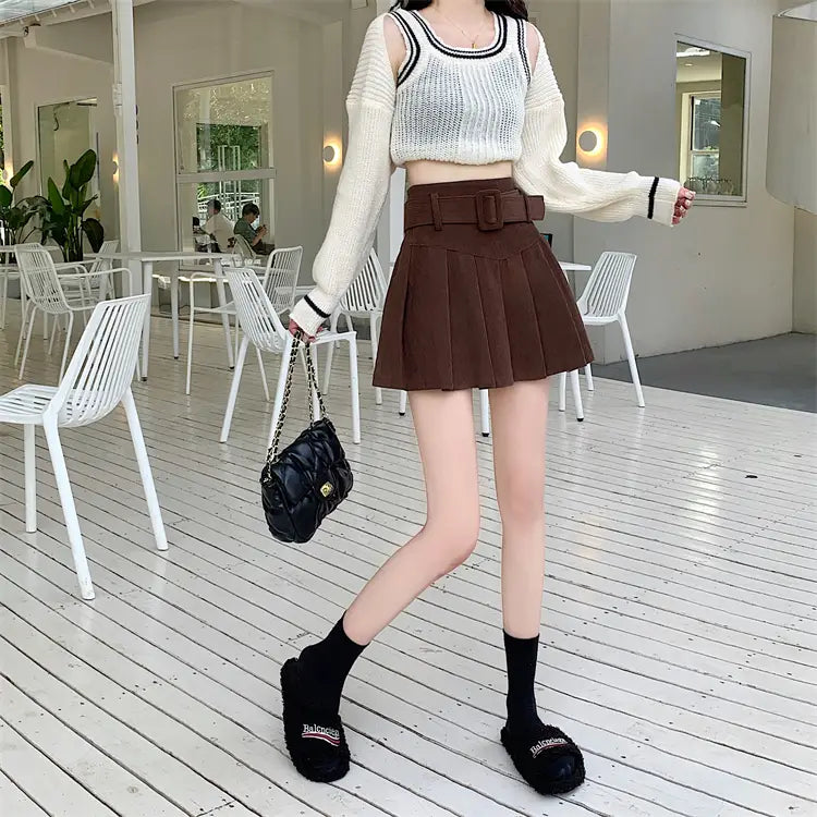 brown belted corduroy half skirt pleated mini featuring a wide belt with buckle and detailed pleats