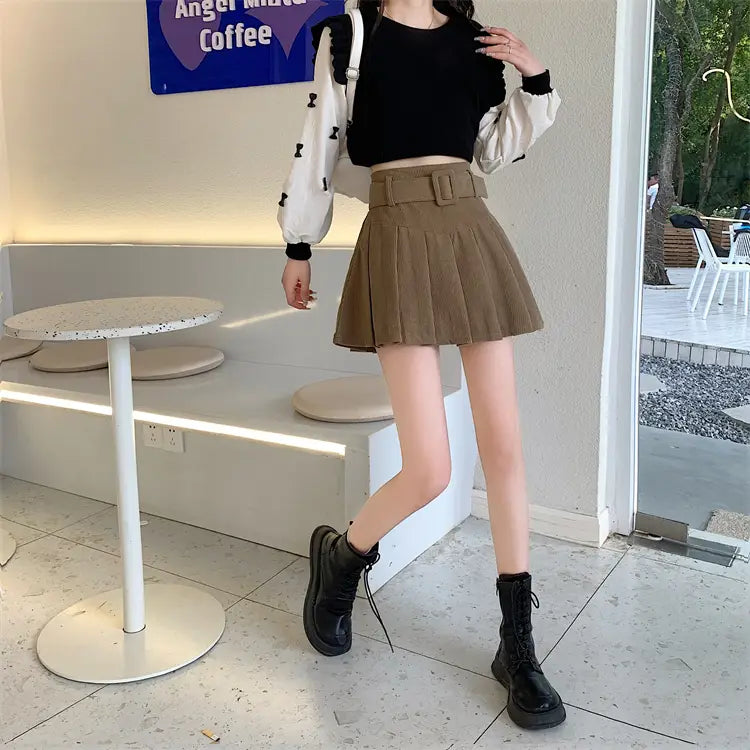 brown belted corduroy half skirt pleated mini in brown with matching belt and detailed pleated design