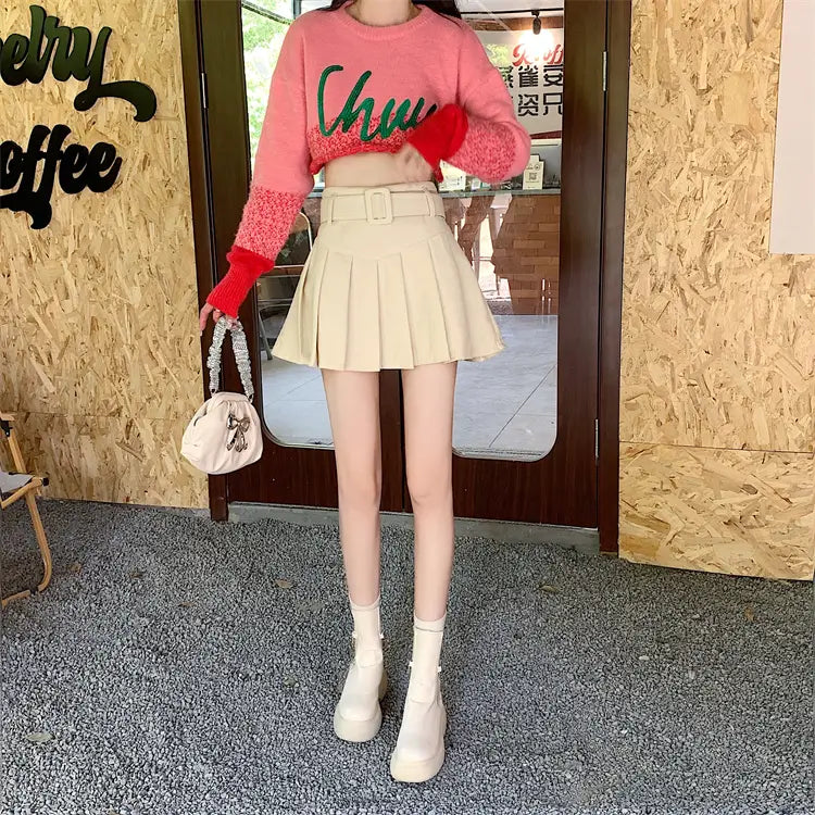 beige corduroy half skirt pleated mini with a matching brown belted corduroy half skirt pleated detail