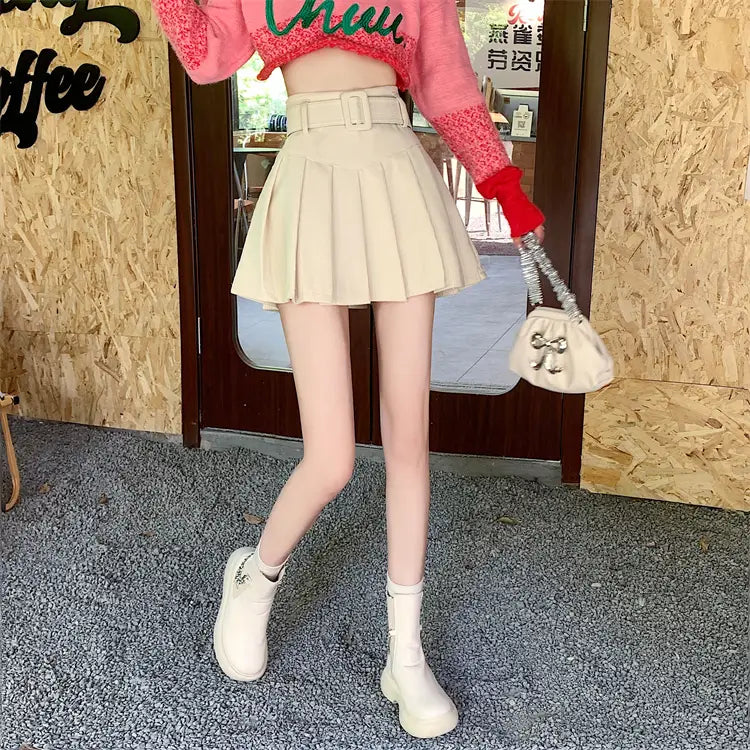 Beige corduroy half skirt pleated mini with a matching brown belted corduroy half skirt pleated design.