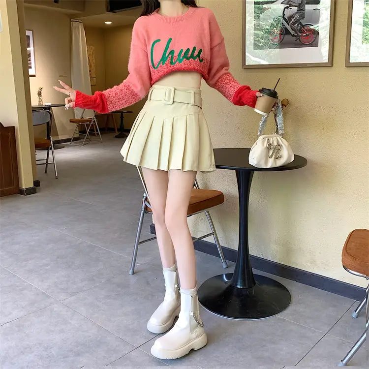 beige corduroy half skirt pleated mini with a matching brown belted corduroy half skirt pleated design
