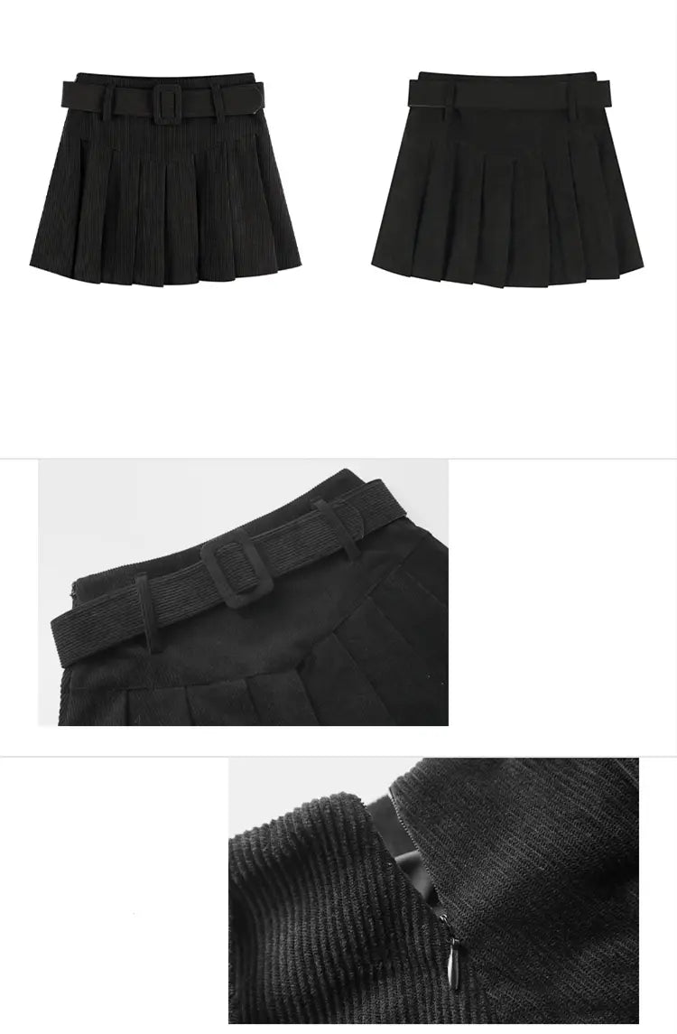 black corduroy half skirt pleated mini with a matching brown belted corduroy half skirt pleated design
