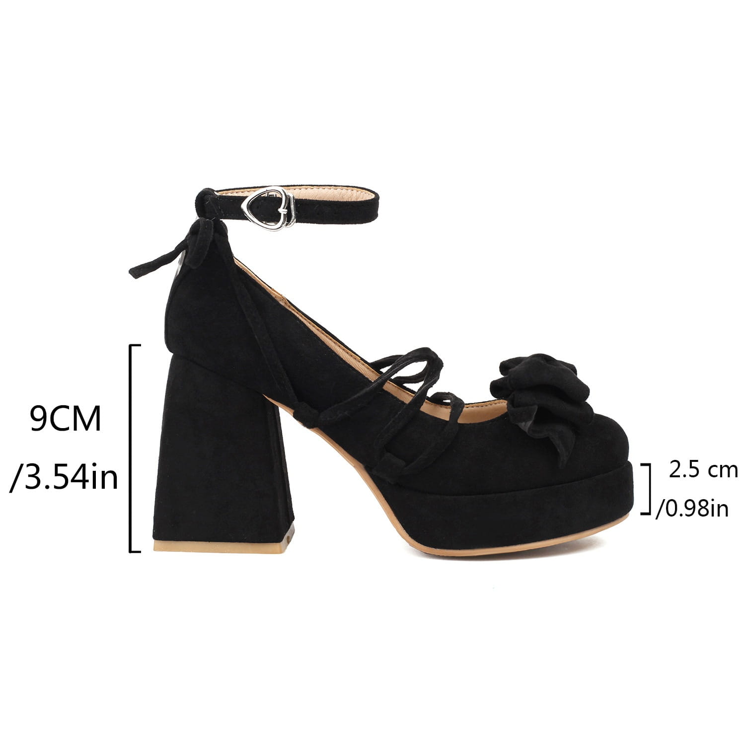 Black suede platform lolita pump with a chunky heel, ankle strap featuring a heart-shaped buckle, and small size bow on the toe.