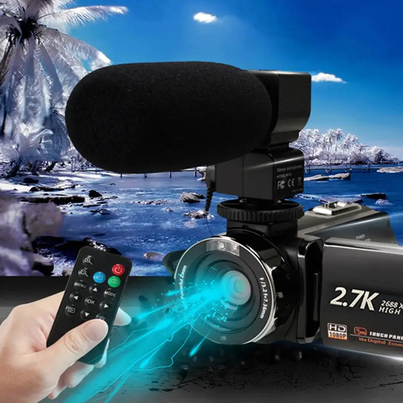 Standard black english 2.7k hd digital camcorder dv06s in black with a large foam microphone labeled hd 1080p and a touch screen interface for easy operation.