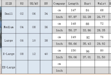 The image displays a size chart in inches and centimeters for a red beaded satin temperament long banquet evening dress made of polyester fiber, showing sizes from small to xx-large.
