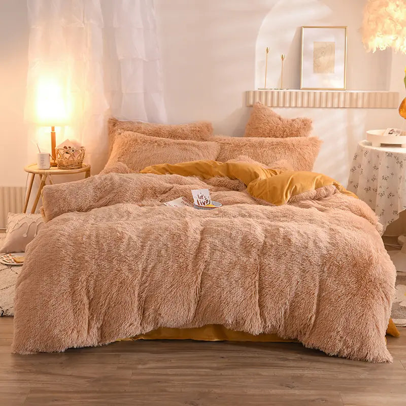 Pink fluffy faux fur plush duvet cover set featuring a cozy beige quilt cover with soft fluffy texture and warm mustard-yellow accents.