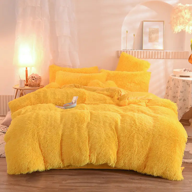 bright yellow plush faux fur duvet cover set with matching pillows designed for a soft and luxurious bed sheet or quilt cover experience