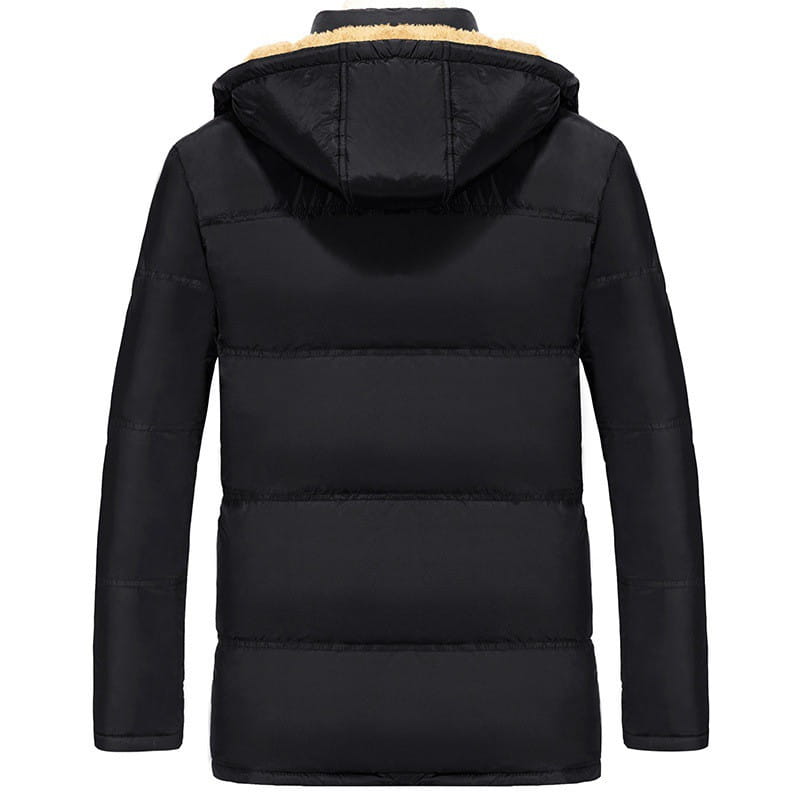 black puffer velvet padded jacket with quilted design and hood lined in light beige faux fur for clothing use