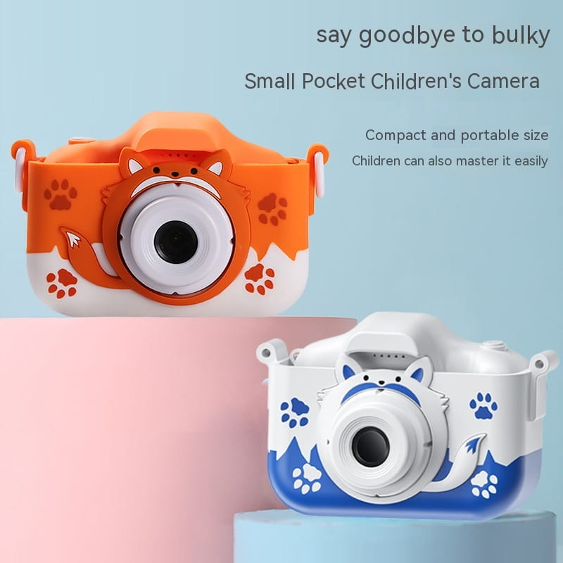 orange and white fox-themed cartoon children’s digital camera with paw print decals designed as a children’s digital camera for easy use