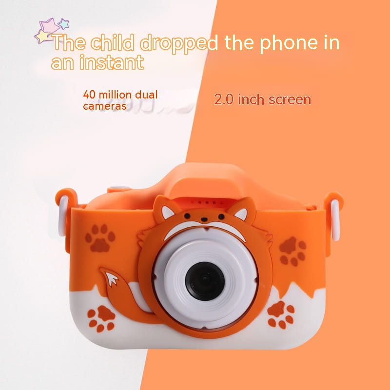 Orange and white fox-themed cartoon children’s digital camera with paw print decals designed as a children’s digital camera for easy use.