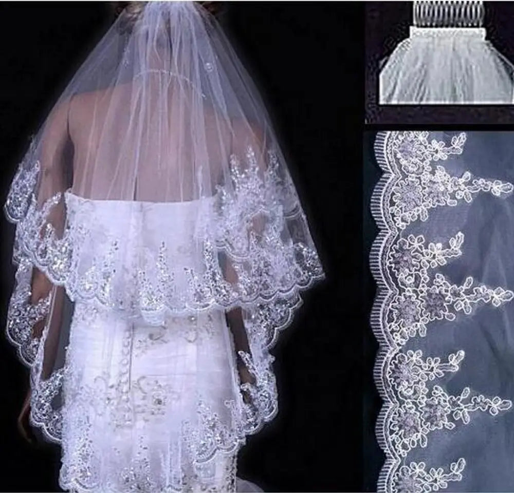 white two layer bridal sequined polyester veil with intricate lace detailing and beaded embellishments designed as a polyester veil face accessory