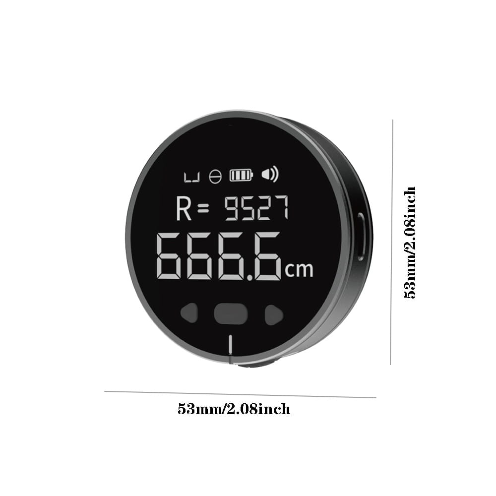 Black circular digital laser distance meter with a sleek modern design and LCD display showing measurements in centimeters is an electronic measuring ruler for precise electronic measuring tasks.