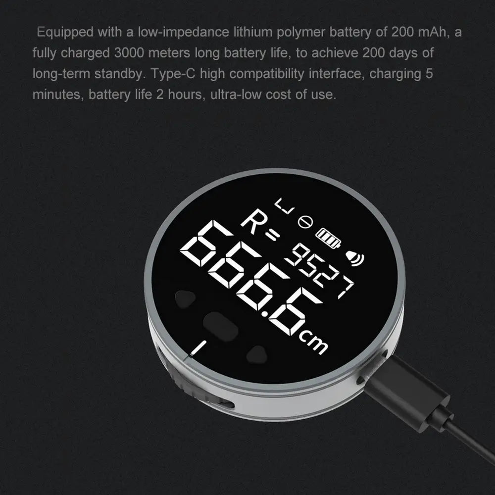 Digital lcd electronic measuring ruler with a circular electronic measuring device featuring a black display screen and silver metallic casing showing measurements in centimeters.