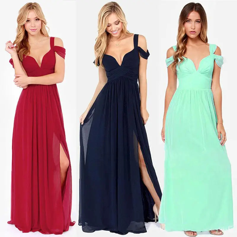 three elegant off-the-shoulder floor length elegant greek style maxi dresses in red navy blue and mint green perfect for formal occasions