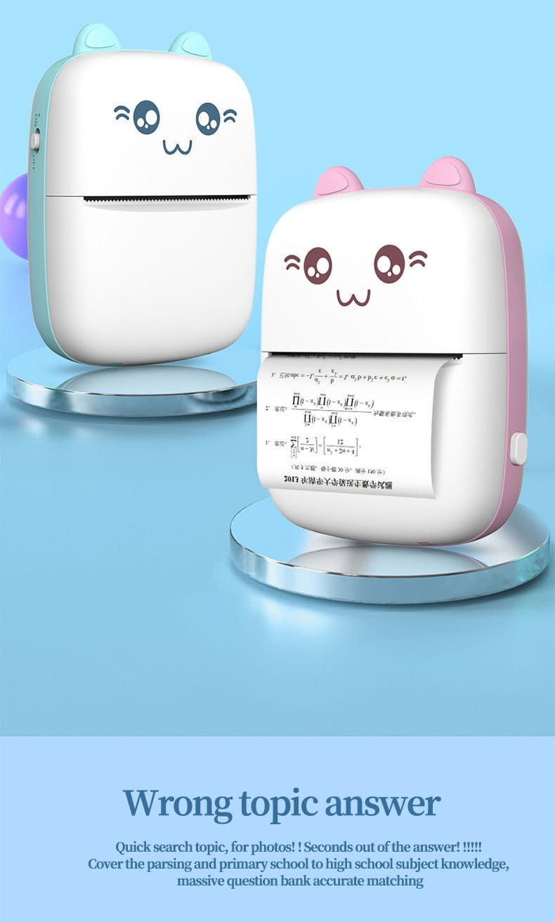 cute white and pink cat-shaped mini printer portable with rounded ears and cartoon facial features designed as a portable mini bluetooth labeler
