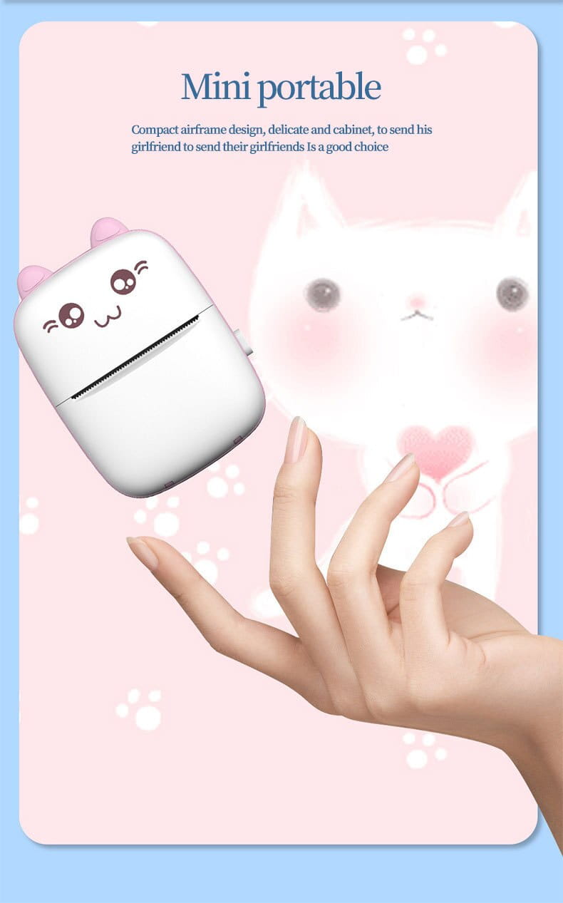 white cat-shaped wireless earbud case with cute cartoon face and pink ears shown alongside a cat ear mini printer portable bluetooth labeler as a portable mini bluetooth device.