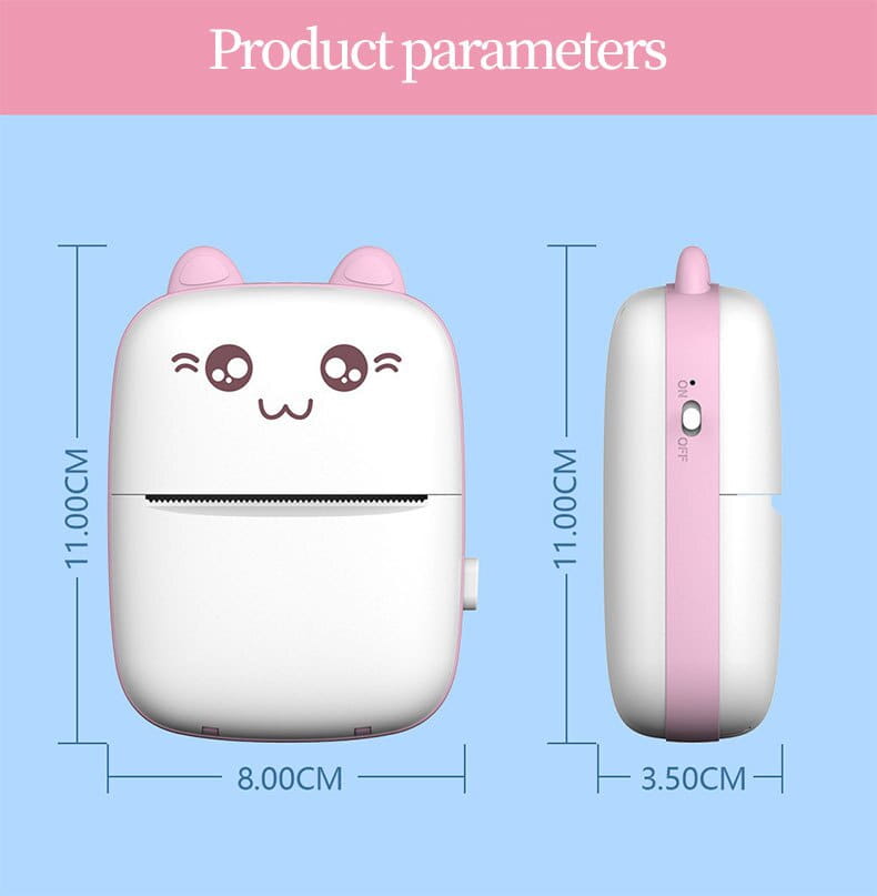 Cute white cat-shaped mini printer portable with pink ears and a matching pink strap for portable mini bluetooth labeler use