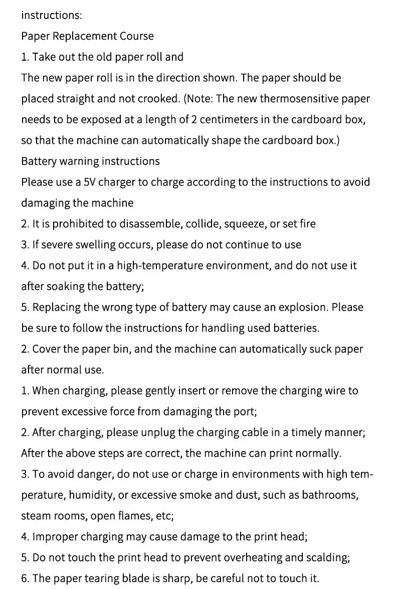 the image displays printed instructions for paper replacement and battery charging on a white background for the cat ear mini printer portable bluetooth labeler portable mini bluetooth device.