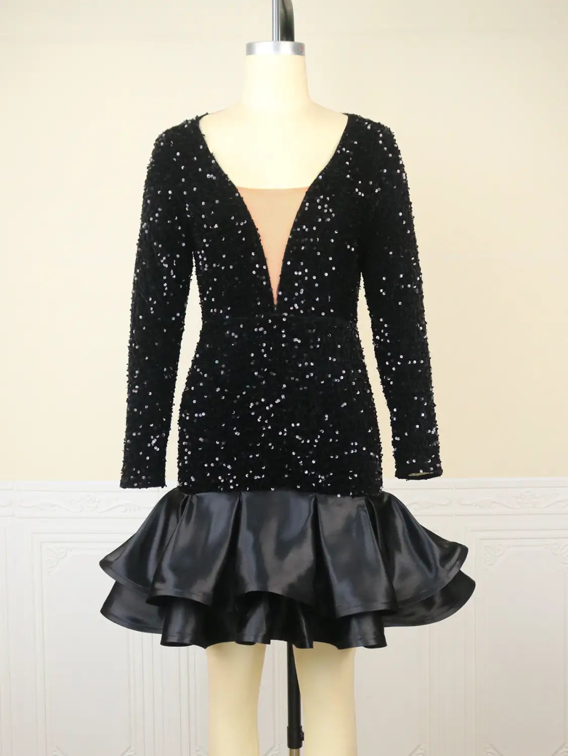 Black sequined v neck banquet ball party dress featuring long sleeves and a flared satin skirt ideal for dress banquet ball events.