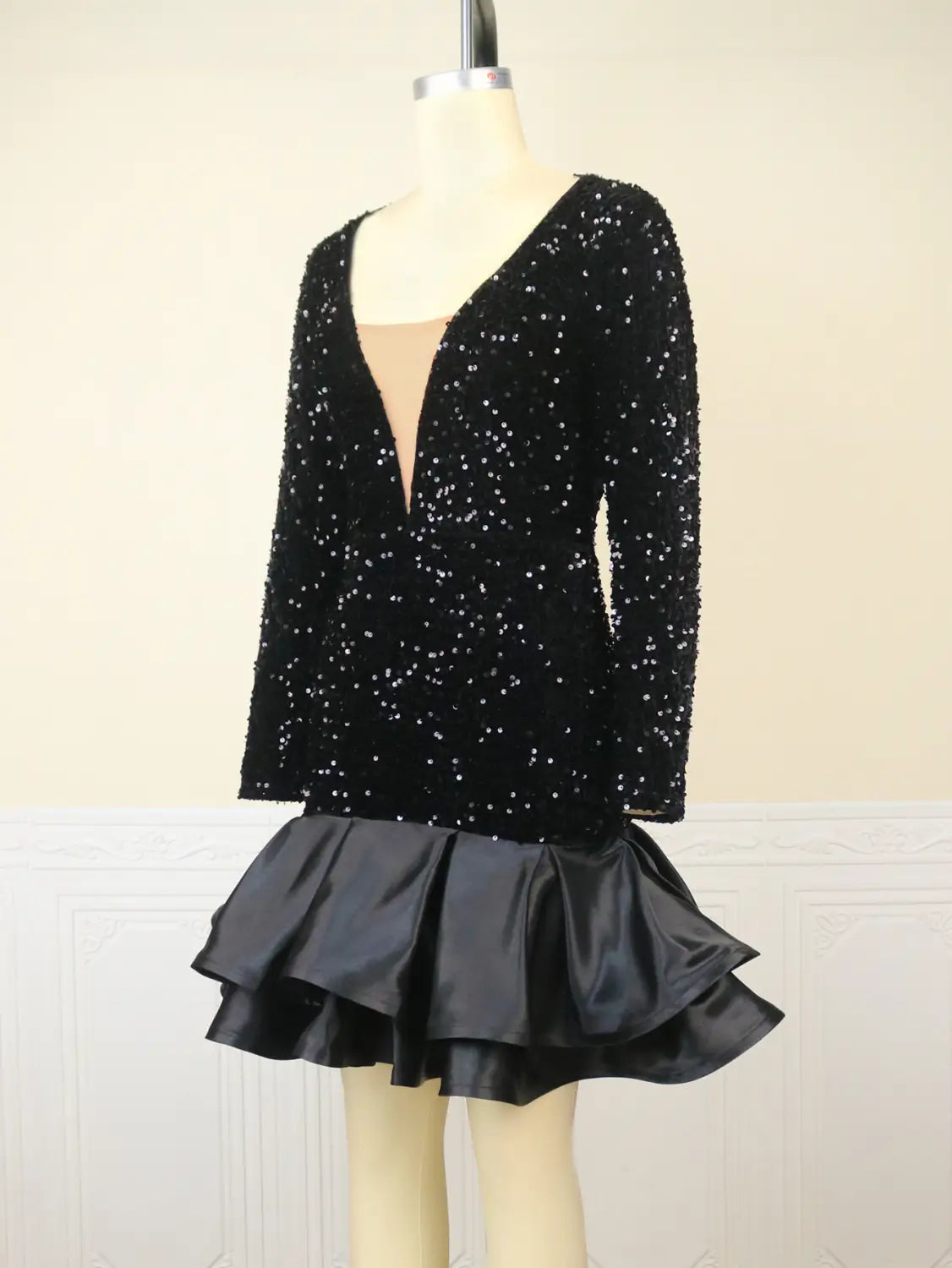black sequined v neck banquet ball party dress featuring long sleeves and a ruffled satin skirt ideal for dress banquet ball events