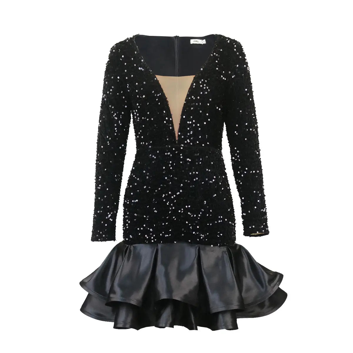 black sequined v neck banquet ball party dress featuring a deep v neckline long sleeves and a layered satin ruffle skirt ideal for dress banquet ball occasions
