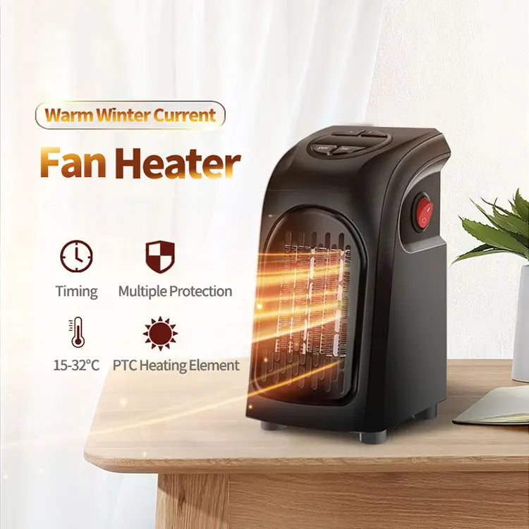 Compact ceramic heating fan heater in black featuring a ptc heating element and a red power button for efficient ceramic heating and air heater use.