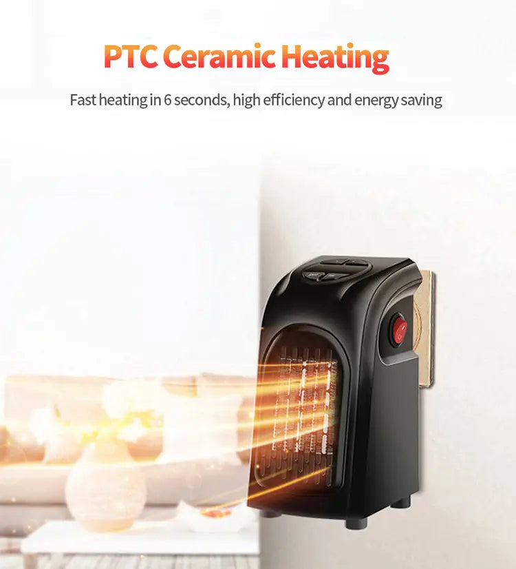Black ptc ceramic wall-mounted compact fan heater with a red power button and glowing orange ceramic heating elements for efficient air heating.