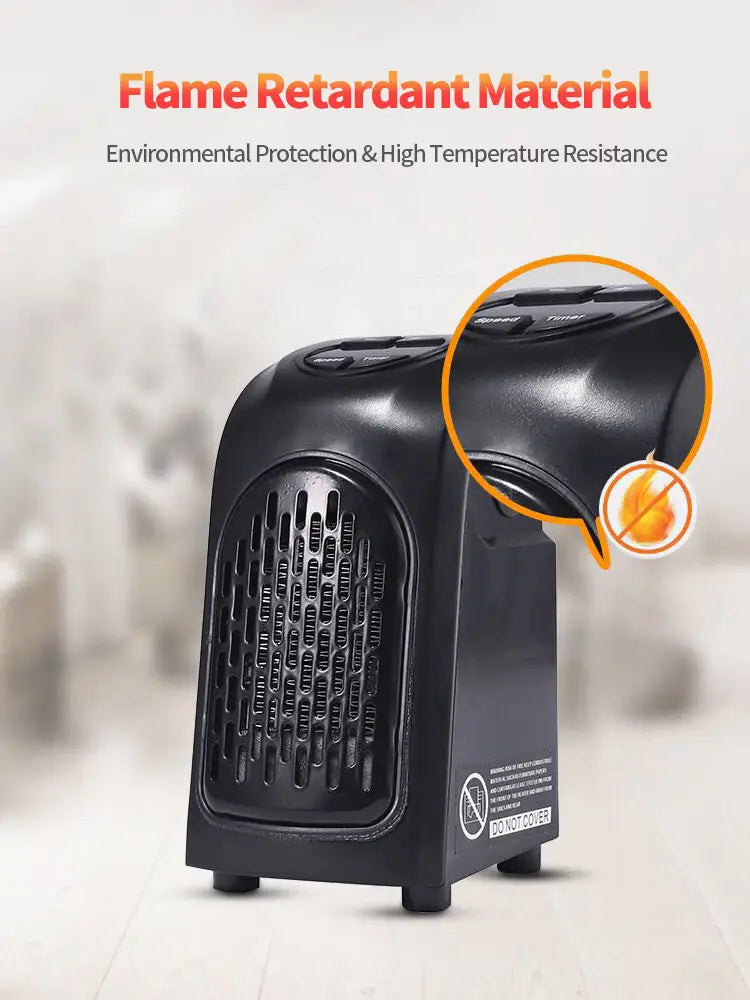 Black compact ceramic fan heater with flame-retardant material and a vented front panel for efficient air heating.
