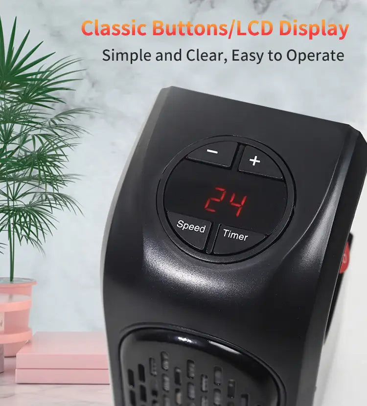 Black compact ceramic fan heater with digital lcd display showing 24 and control buttons for speed and timer designed as a handheld air heater.