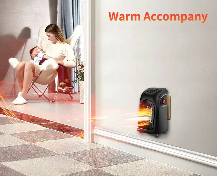Black wall-mounted compact ceramic heating fan heater with glowing orange ceramic heating elements and red power button for efficient air heating.
