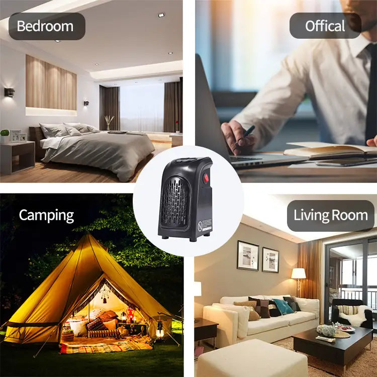Black compact ceramic heating fan heater with vented front grille and red power button designed as a portable electric air heater