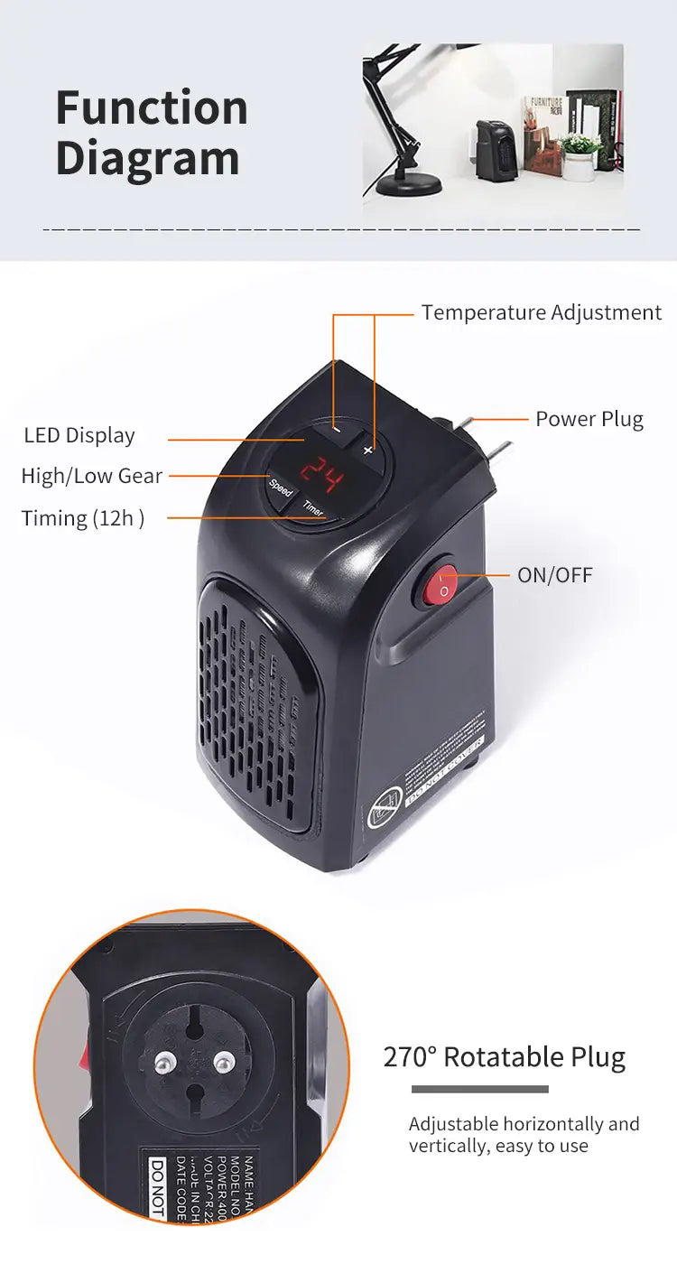 Black plastic compact ceramic heating fan heater with digital led display and red power button for efficient air heating.