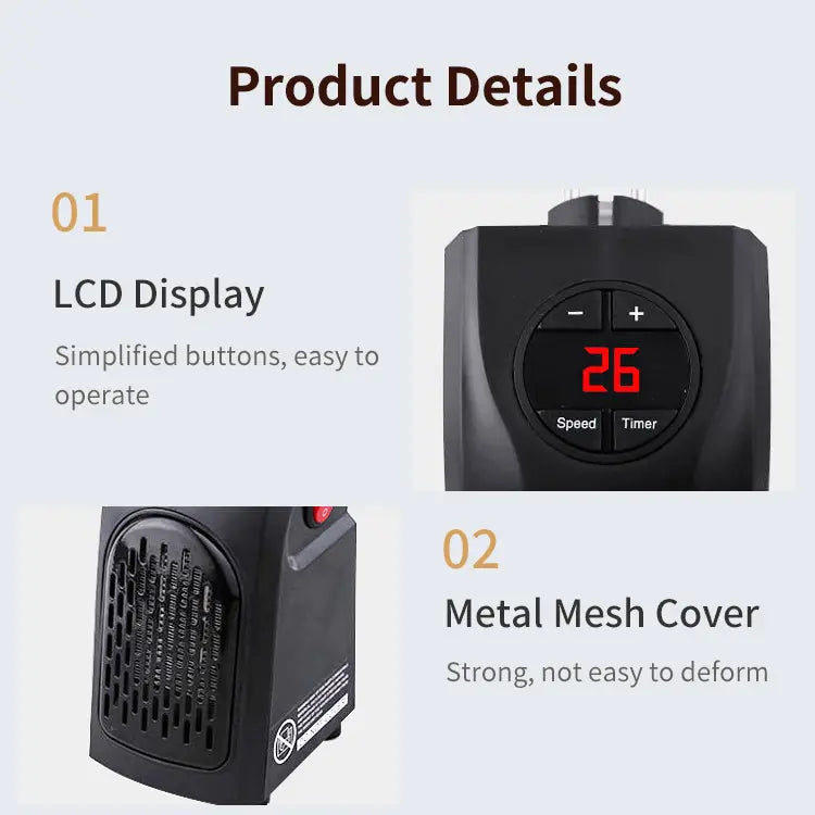 Black compact ceramic heating fan heater with digital lcd display showing 26 and control buttons for speed and timer featuring a durable metal mesh cover as an efficient air heater.