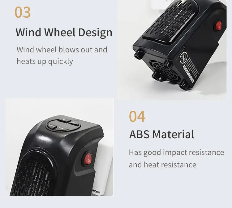 Black ABS plastic handheld compact ceramic heating fan heater with wind wheel design and red power button air heater