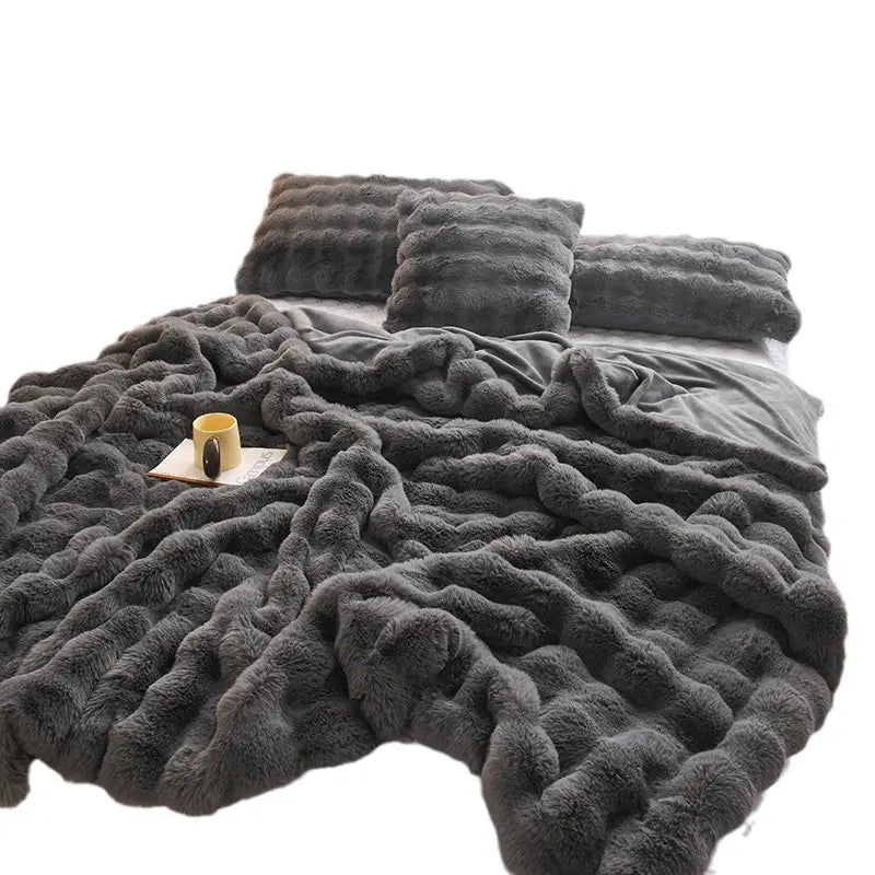 Beige rabbit velvet blanket with plush gray faux fur comforter set featuring a textured chunky knit design and velvet blanket thickened for extra warmth and comfort