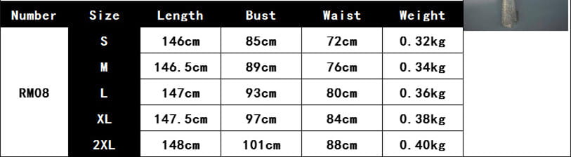 Black rm08 garment size chart with white text for silver rhinestone sexy sequined banquet dress sheath on a plain background.