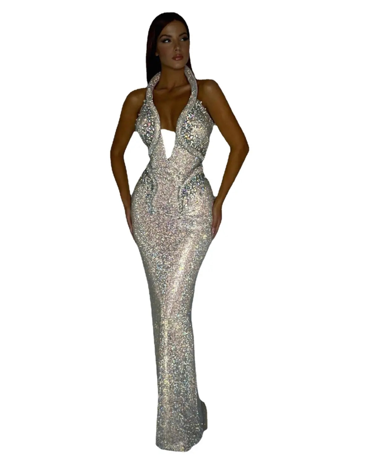 a shimmering silver rhinestone sexy sequined banquet dress sheath featuring a fitted silhouette and plunging halter-neck neckline