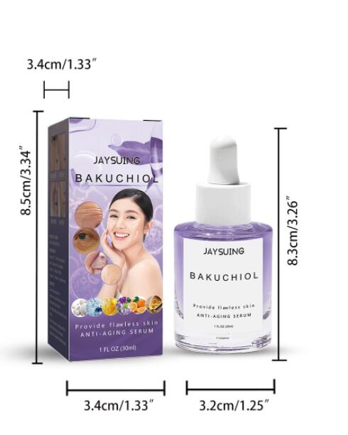 Purple glass bottle with white dropper cap and label reading jaysuing bakuchiol anti-aging serum for collagen anti-aging firming and firming skin care.