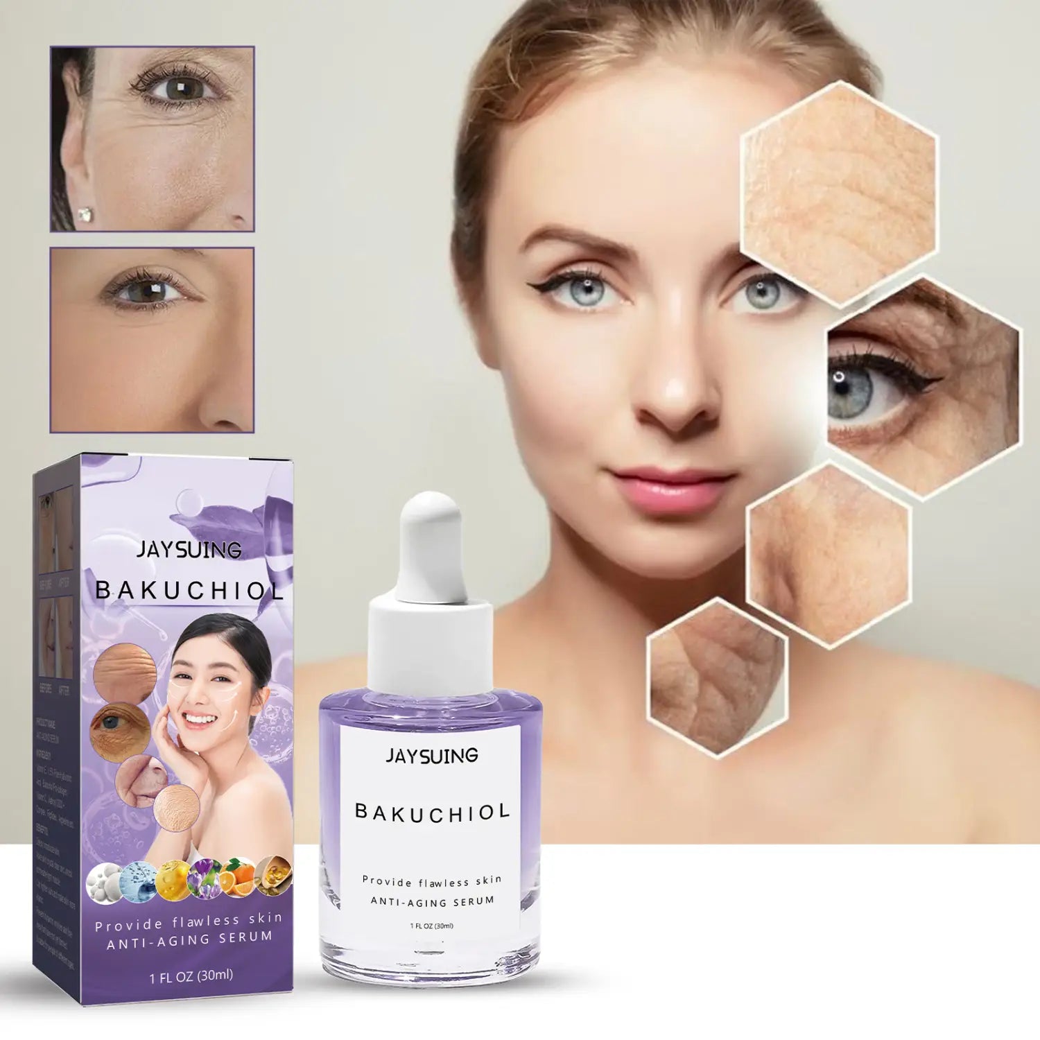 The jaysuing bakuchiol collagen anti-aging firming serum is shown in a clear glass bottle with a white dropper cap and purple liquid, displayed alongside its matching purple firming skin care packaging.