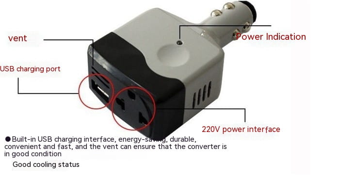 Gray and black power supply car transformer featuring usb charging port and 220v outlet for mobile device charging in vehicles