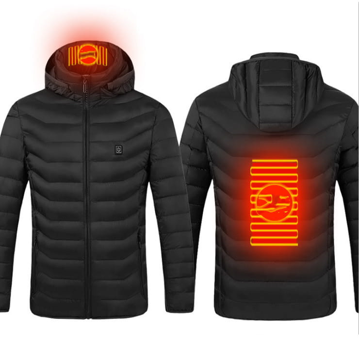 black heated jacket coat usb with glowing orange heating elements on the hood and back side for electric warmth and comfort