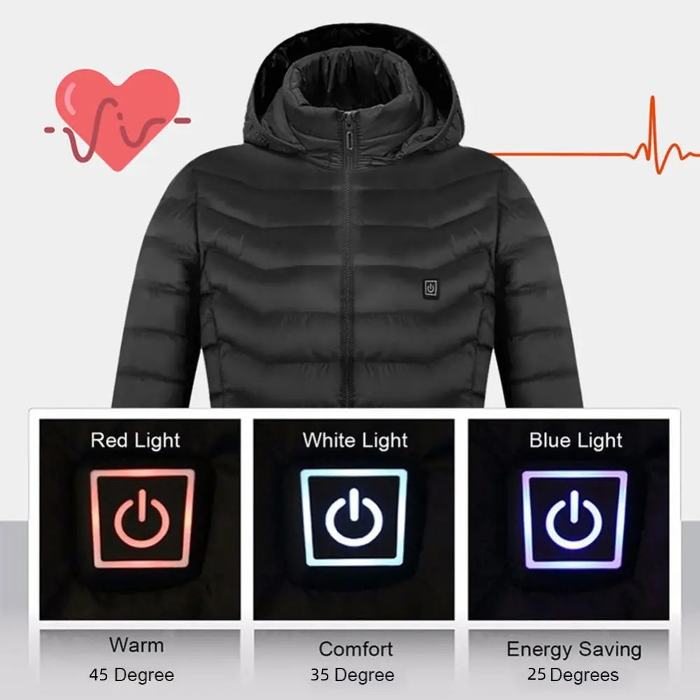 black heated hooded jacket coat usb electric with three lighting modes red for warm white for comfort and blue for energy saving