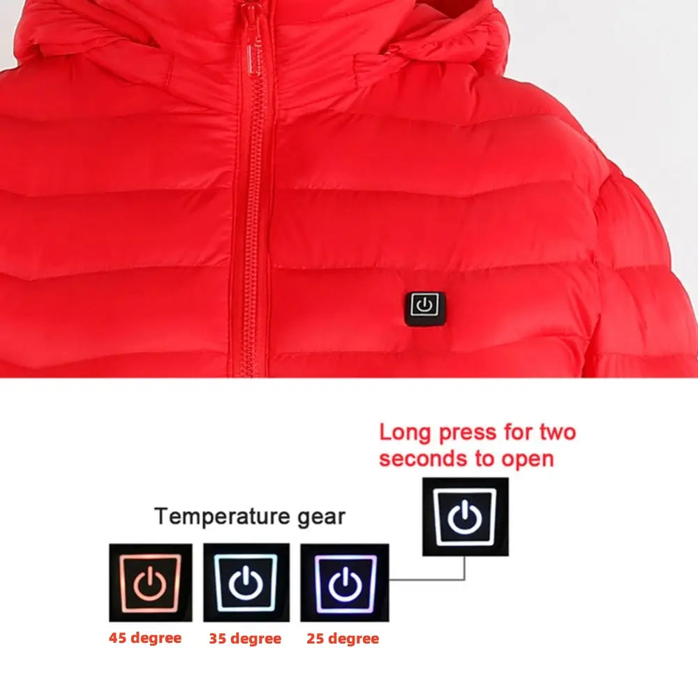 Red heated jacket coat usb featuring a black power button on the chest and temperature control settings displayed below for adjustable warmth.