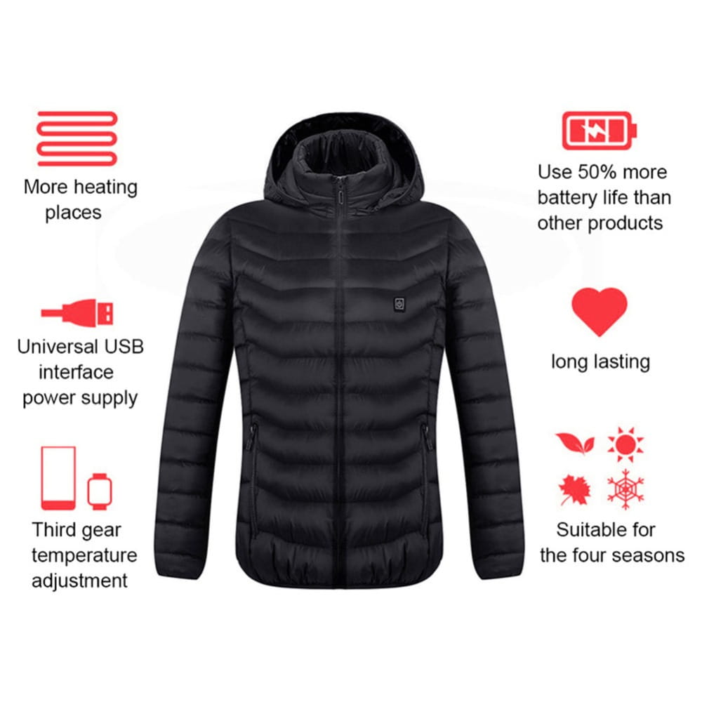 Black heated jacket coat usb with hood and quilted design for electric warmth and comfort