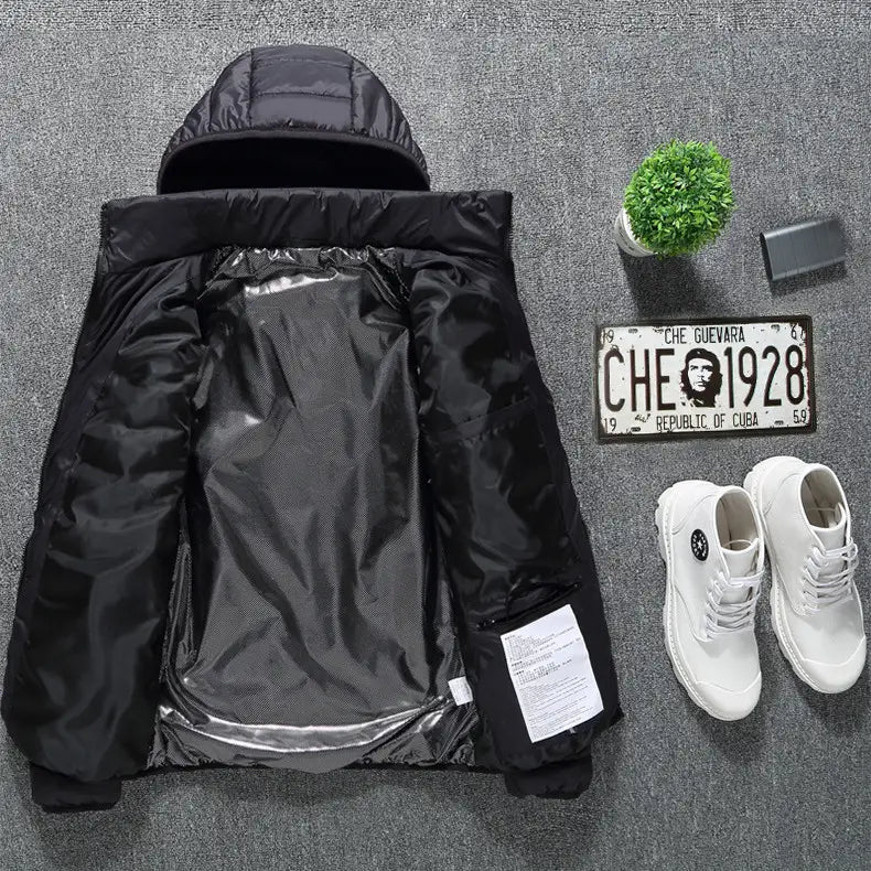 black quilted hooded puffer heated jacket coat with shiny inner lining and reflective trim designed as a jacket coat usb electric for enhanced warmth and style